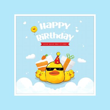 Happy Birthday Greeting Card with Cute Duck Character and Gifts