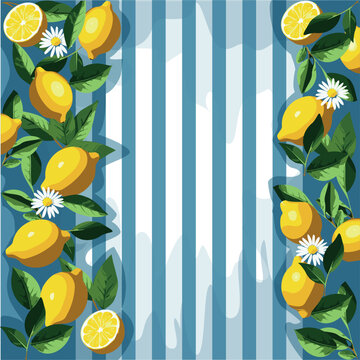 Fresh Lemon and Daisy Botanical Border with Blue Striped Center