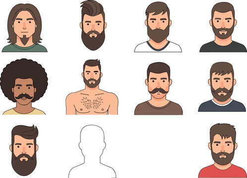 Men&rsquo;s Beard and Hairstyle Silhouettes Set with Various Haircuts, Mustaches, and Facial Hair Styles for Grooming and Fashion Logos