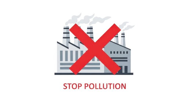a gray factory with smokestacks and a red stop pollution sign industrial building factory with smoke