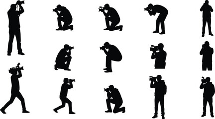 Black silhouettes of professional photographers and videographers in various shooting poses including kneeling standing and walking for media production journalism and creative photography concepts. © Adib