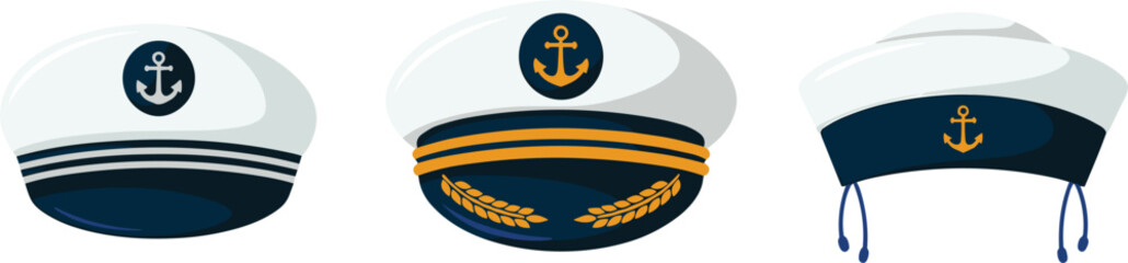 Set of white nautical sailor and captain hats featuring golden anchor badges, maritime ship officer and marine headwear vector illustrations isolated on a white background. © Mdjillur