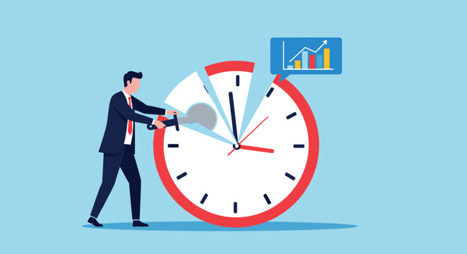 Corporate businessman using a large knife to cut a giant clock into segments representing time division and scheduling.