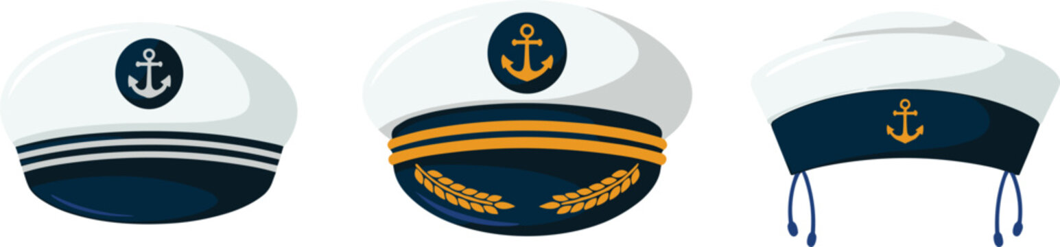 Set of white nautical sailor and captain hats featuring golden anchor badges, maritime ship officer and marine headwear vector illustrations isolated on a white background.
