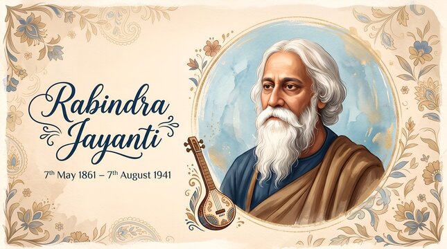 Rabindranath Tagore illustration for 22 Shey Shrabon Rabindra Jayanti Social Media Post, Web Banner, Status