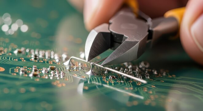 Handheld wire cutters trim a component lead on a green printed circuit board.