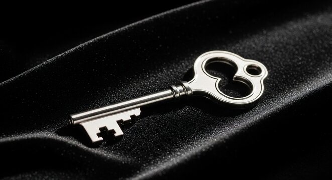 Shiny silver key resting on elegant black fabric backdrop