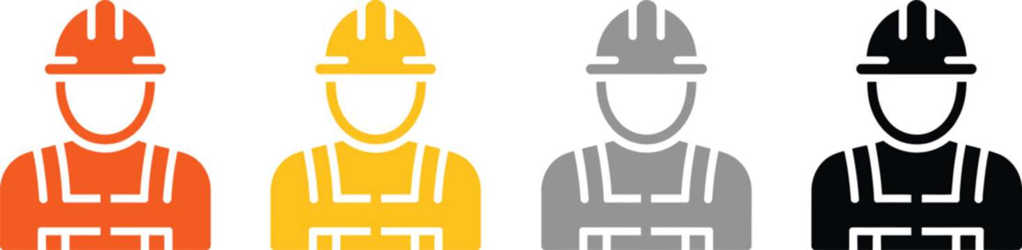 Construction worker icons set, industrial safety illustration featuring workers wearing orange yellow gray and black helmets with vests for safe job site and engineering workforce design.
