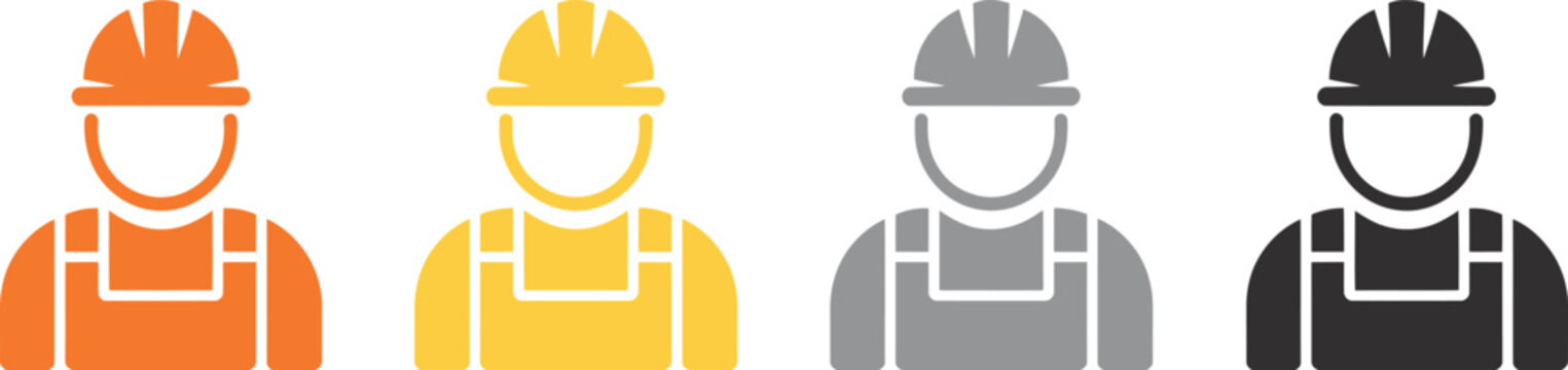 Construction worker icons set, skilled labor silhouettes in safety helmets and high visibility vests representing construction industry teamwork safety and professional site work.
