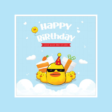 Happy Birthday Greeting Card with Cute Duck Character and Gifts