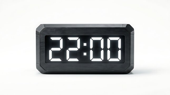 Sleek black digital alarm clock displaying the precise evening time of 22:00 with bright white illuminated numerals against a clean, minimalist background, emphasizing modern timekeeping