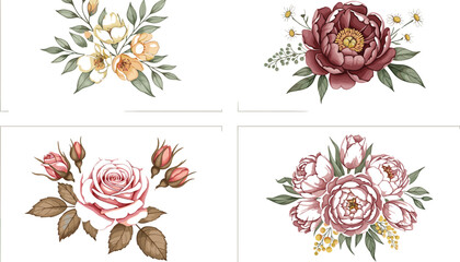 Elegant floral corner arrangements set with roses and peonies, decorative botanical compositions in soft watercolor style for wedding invitation and greeting card design © jafrine