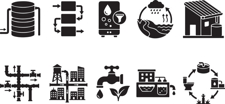 Water cycle and treatment process illustrated as black and white icons set Vector