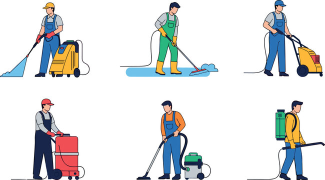 Cleaning Workers with Various Cleaning Equipment for Industrial and Commercial Cleaning Services Illustrations