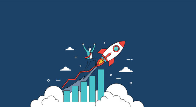 Enthusiastic businessman riding on top of a launching rocket ship as it flies upwards along a rising bar chart towards success.