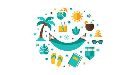 Naklejka premium Summer Vacation Elements in Flat Design Style with Hammock, Sun, Palm Tree, and Tropical Beach Travel Icons