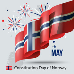 Obraz premium Banner and greeting card for Constitution Day of Norway. The wavy Norwegian flag celebrates the national patriotic holiday of May 17th. Greeting card, banner, and vector illustration for Constitution 