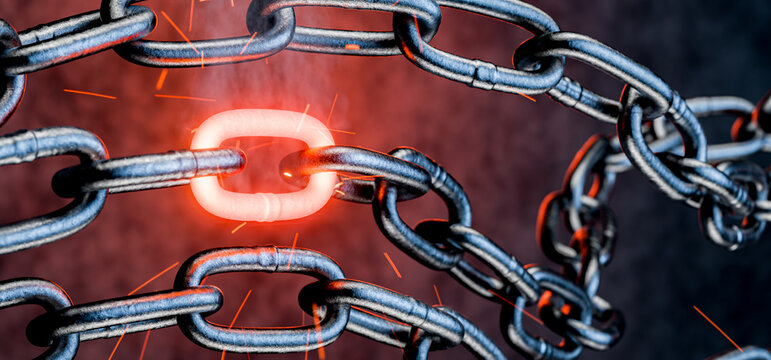 Desire for freedom and unbridled power. Freedom and the end of restrictions. Freedom from mental limitations. A broken steel chain, spitting sparks, symbolizes freedom and inner strength. 3D render.