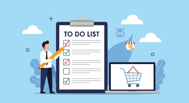 Professional businessman using a large yellow pencil to check off completed items on a giant "TO DO LIST" clipboard next to a laptop.
