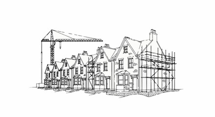 Naklejka premium Sketch of terraced houses under construction with a crane