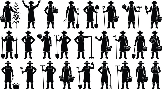 Farmer Icon Set with Different Poses and Farming Tools for Agriculture, Harvest, and Rural Life Illustrations
