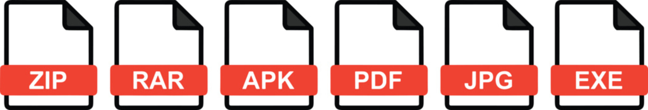 File Format Icon Set with ZIP, RAR, APK, PDF, JPG, and EXE Extensions for Digital Files and Data Management