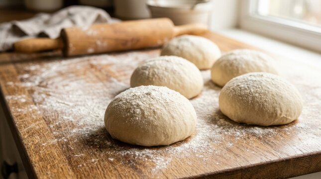 Fresh dough balls on a floured wooden surface with a rolling pin