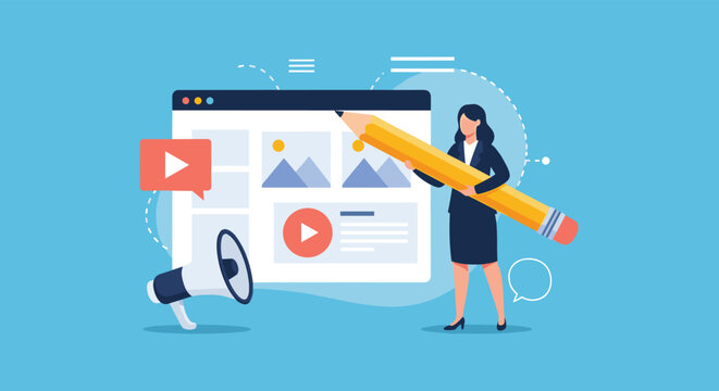 Creative businesswoman holding a giant yellow pencil while designing a website interface with video and image elements.