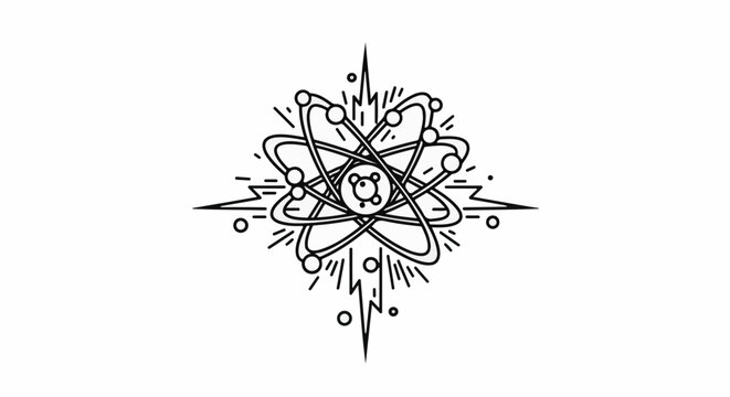 Stylized atomic nucleus with orbiting electrons and radiating energy