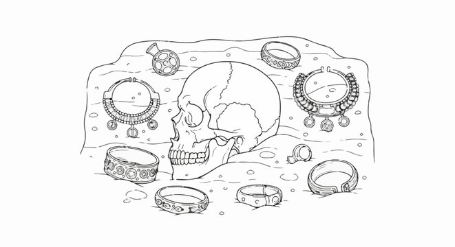 Skull surrounded by ancient jewelry and artifacts in a rough, sandy environment