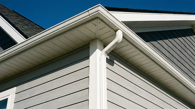 White gutter and downspout system installed on a modern residential house with gray siding and soffit under a clear blue sky.
