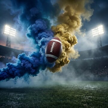 American football on field with blue and yellow smoke stadium lights