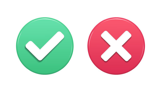 Checkmark on a green button and a white cross mark on a red button. These symbols are representing "yes" or "no", approved or rejected, and correct or incorrect choices in digital designs.