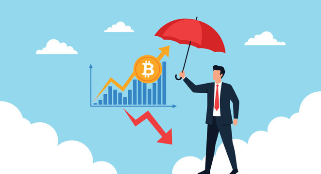 Businessman holding a large red umbrella to protect a rising bitcoin growth chart from a falling red arrow, symbolizing financial safety.