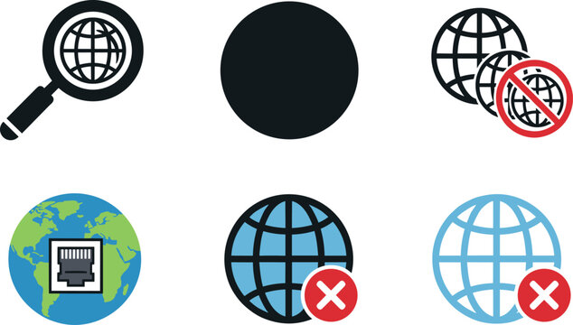 Internet and Network Symbols Including Magnifying Glass, Globe, and No Connection Icons for Digital Communication and Technology