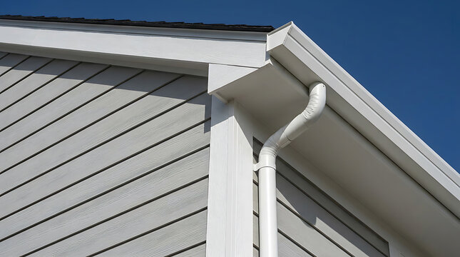 White gutter system and downspout installed on a residential house with gray siding and a dark roof under a clear blue sky.