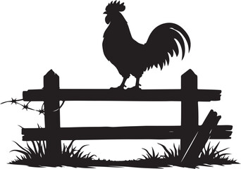  Rooster Perched Upon Farm Fence silhouette vector © Ajmot