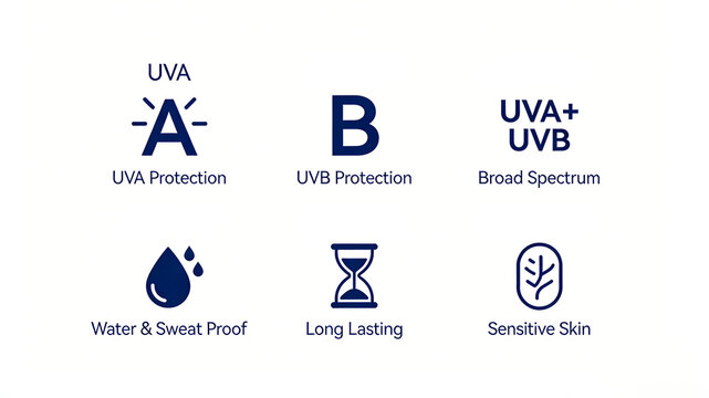 UVA/UVB、 The icons such as water droplets and hourglass represent the broad-spectrum protection, waterproof and sweat resistant, long-lasting and gentle skincare effects of sunscreen.
