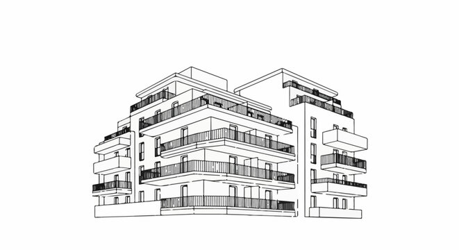 Sketch of a modern multi-story building with balconies and angular features