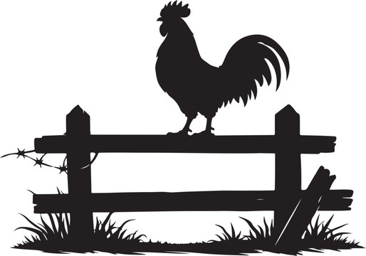  Rooster Perched Upon Farm Fence silhouette vector