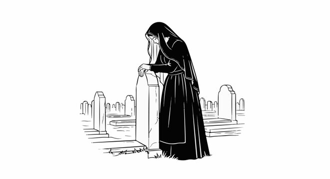 Somber figure in black veil mourns at headstone in a cemetery setting