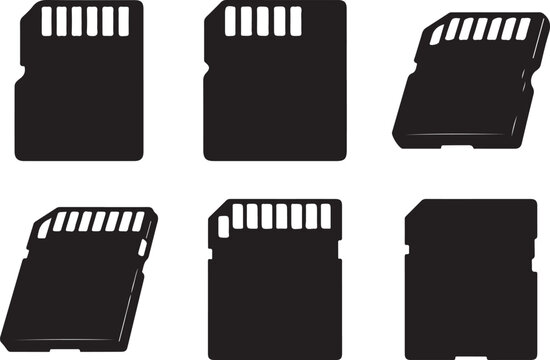 SD and MicroSD memory cards in various angles and sizes for data storage and digital devices silhouette vector