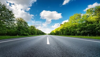 Fototapeta premium asphalt road flanked by lush green trees under a bright blue sky with fluffy clouds