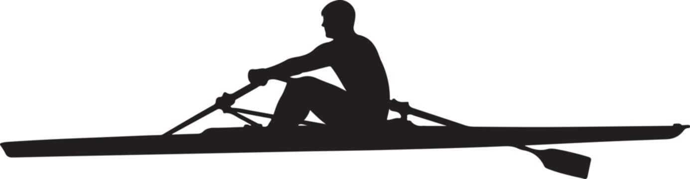 Silhouette of a single sculler rowing a racing boat