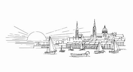 Fototapeta premium Stylized black and white illustration of a coastal city skyline at sunrise