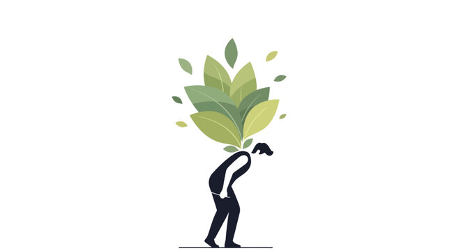 A minimalist vector illustration of a silhouetted man hunched over with a large bunch of green leaves sprouting from his back.