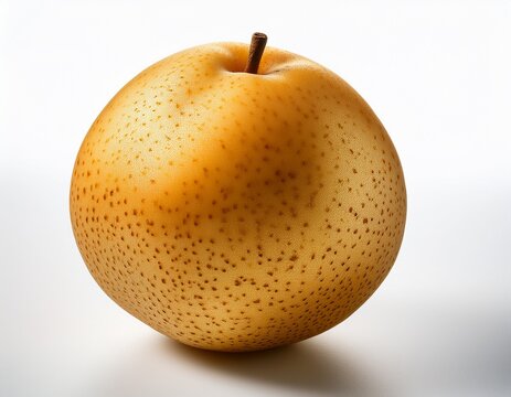 golden asian pear fruit perfect sphere with brown spots on white background