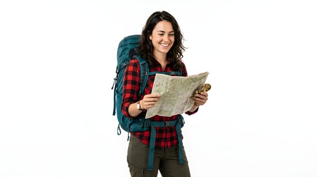 Smiling female hiker with backpack reading map on white background