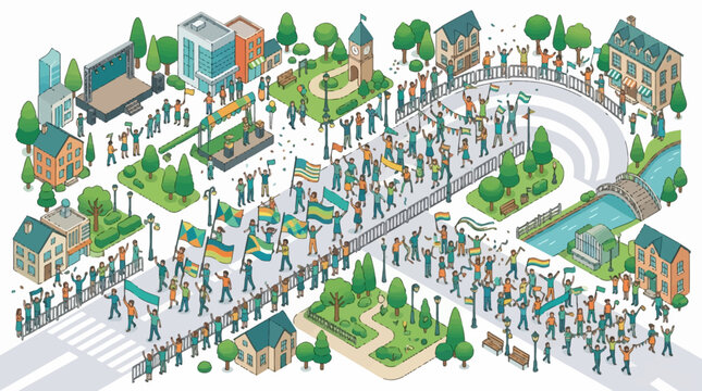 Isometric illustration of a Europe Day celebration featuring cheering people in a town square, showcasing cross-border culture and shared values with buildings and parks in a bright