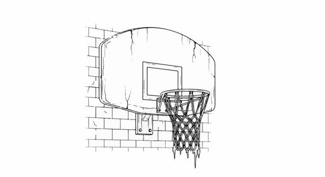 Sketch of a weathered basketball hoop and backboard mounted on a brick wall
